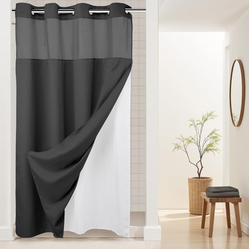 River Dream Heavyweight No Hooks Required Dotted Waffle Weave Shower Curtain with Snap in Liner -Stall 54W x 80H,Hotel Grade,Spa Like Bath Curtain,Graphite Grey - Image 1